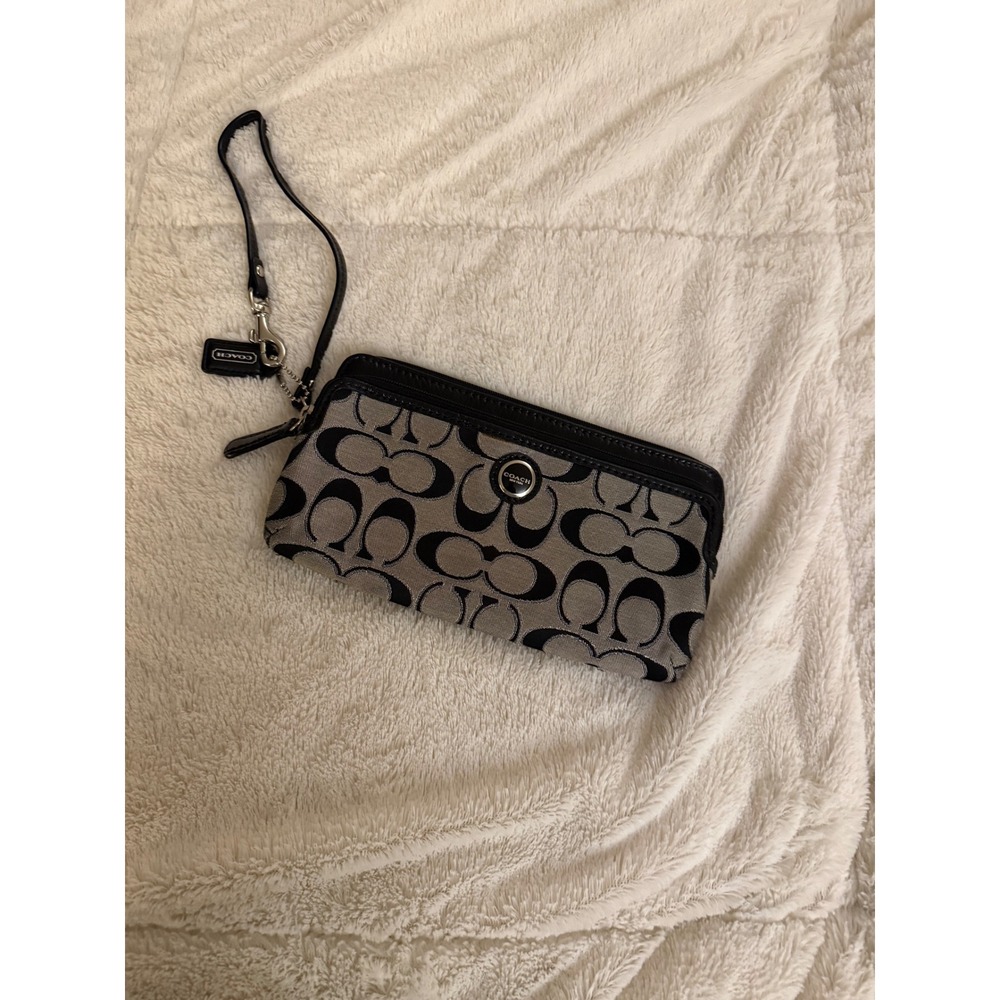 Coach Signature Jacquard Wristlet Wallet Black Grey Canvas Leather Trim